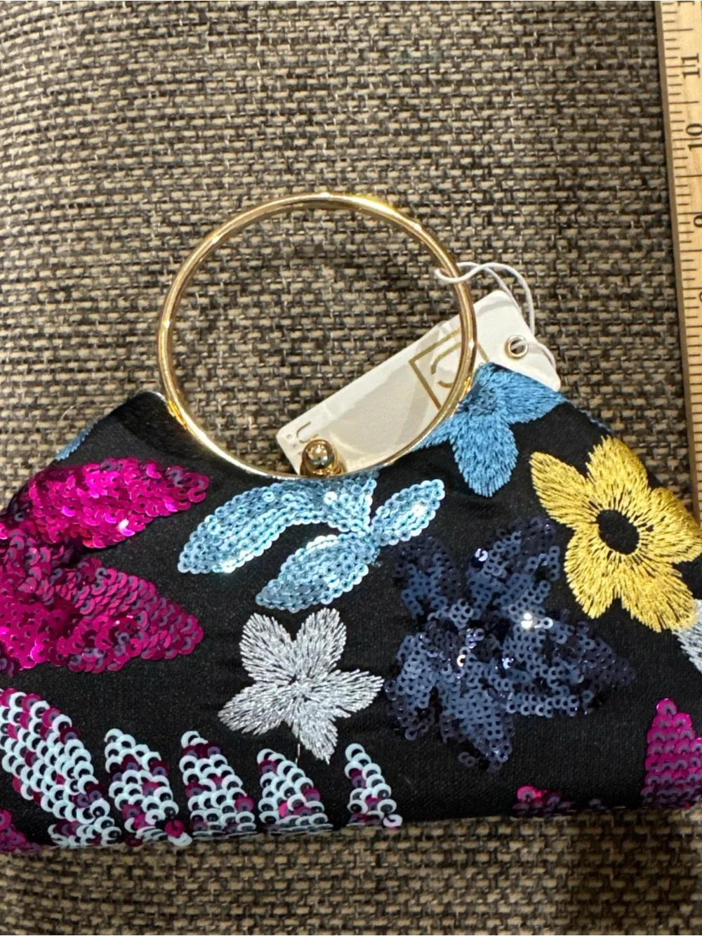 Urban Expressions Beaded Sequin Bag Brass Handle Blue Floral Kiss Lock